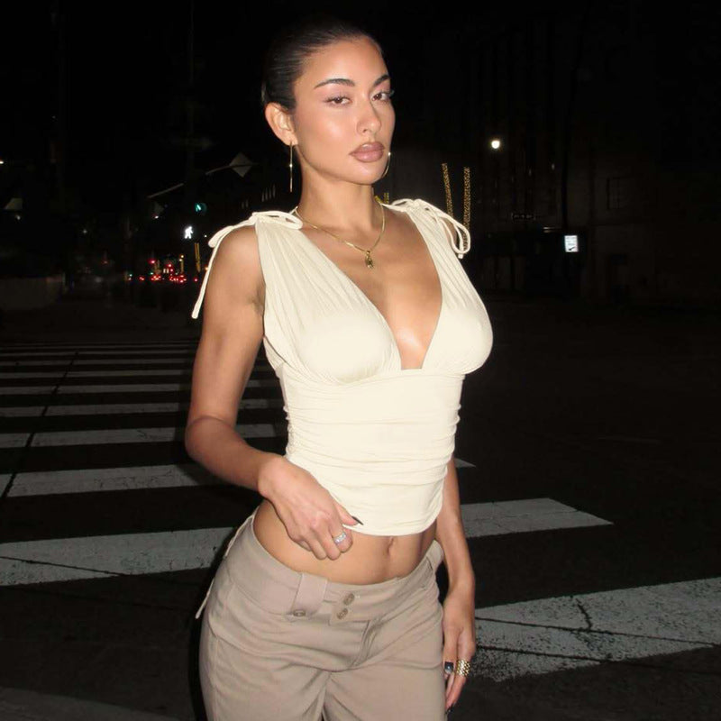 's Solid Color Deep V Plunge Wrapped Chest Pleated Stitching