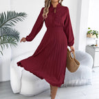 Elegant Lace-Up Lantern-Sleeve Pleated Dress