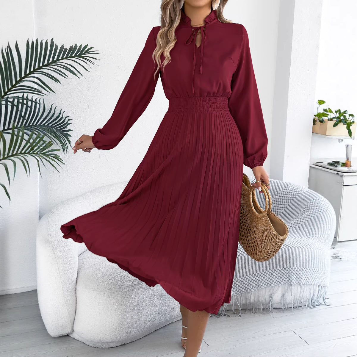 Elegant Lace-Up Lantern-Sleeve Pleated Dress