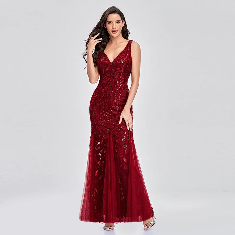 Women's Evening V Neck Tulle Embroidered Sequ Mermaid Prom Formal Dress