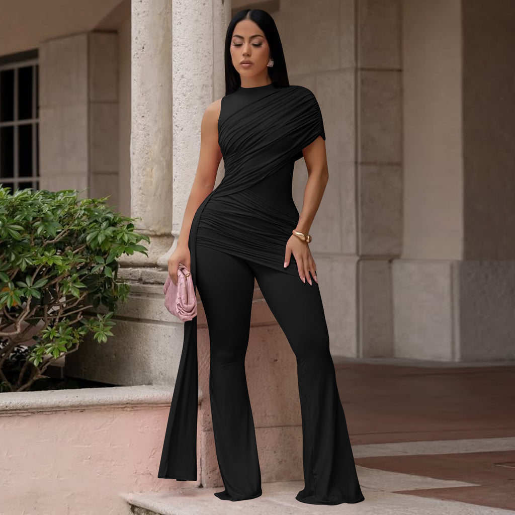 Women Clothing Summer round Neck One Shoulder Pleated