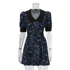Black floral V-neck mini dress with puffed short sleeves and fitted bodice