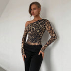 Summer Women Clothing Sexy Oblique Shoulder Design Long Sleeved Women Leopard Print Sexy Jumpsuit