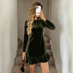 Women's Crew-Neck Velvet Ruffle Long-Sleeve Dress
