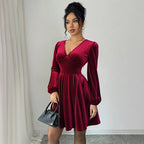 Women's Wine-Red Velvet A-Line Dress