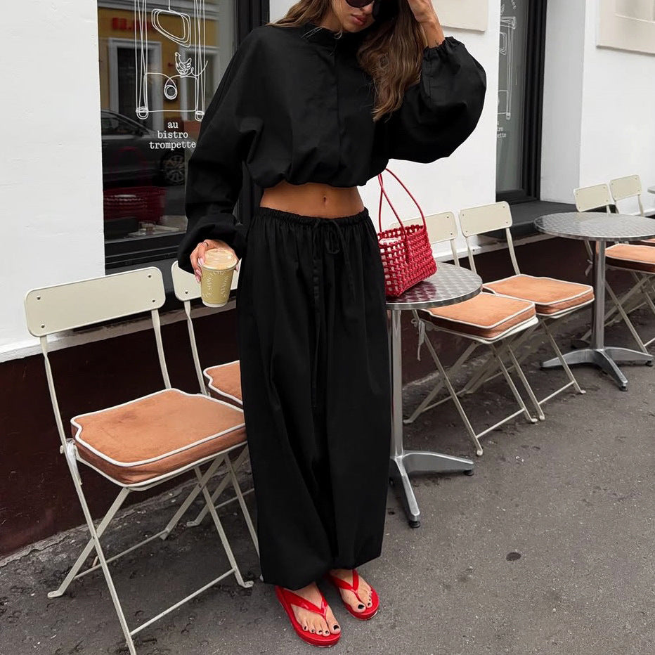 Women's High-Neck Jacket & Wide-Leg Pants Set