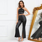 Women's Solid Color Shoulder Strap Faux Leather Beaded High Waisted Boot Cut Shoes
