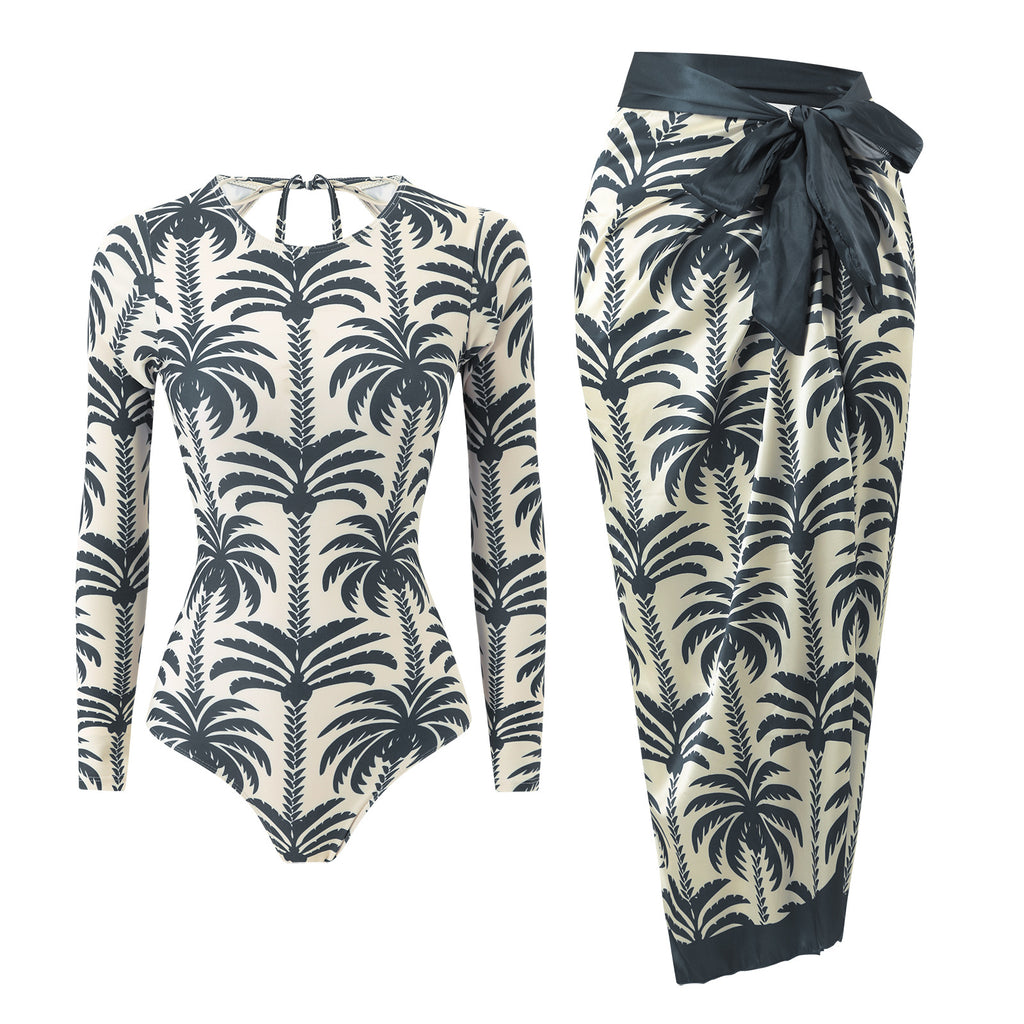 Black and cream palm-print long-sleeve one-piece swimsuit with waist tie