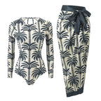 Black and cream palm-print long-sleeve one-piece swimsuit with waist tie