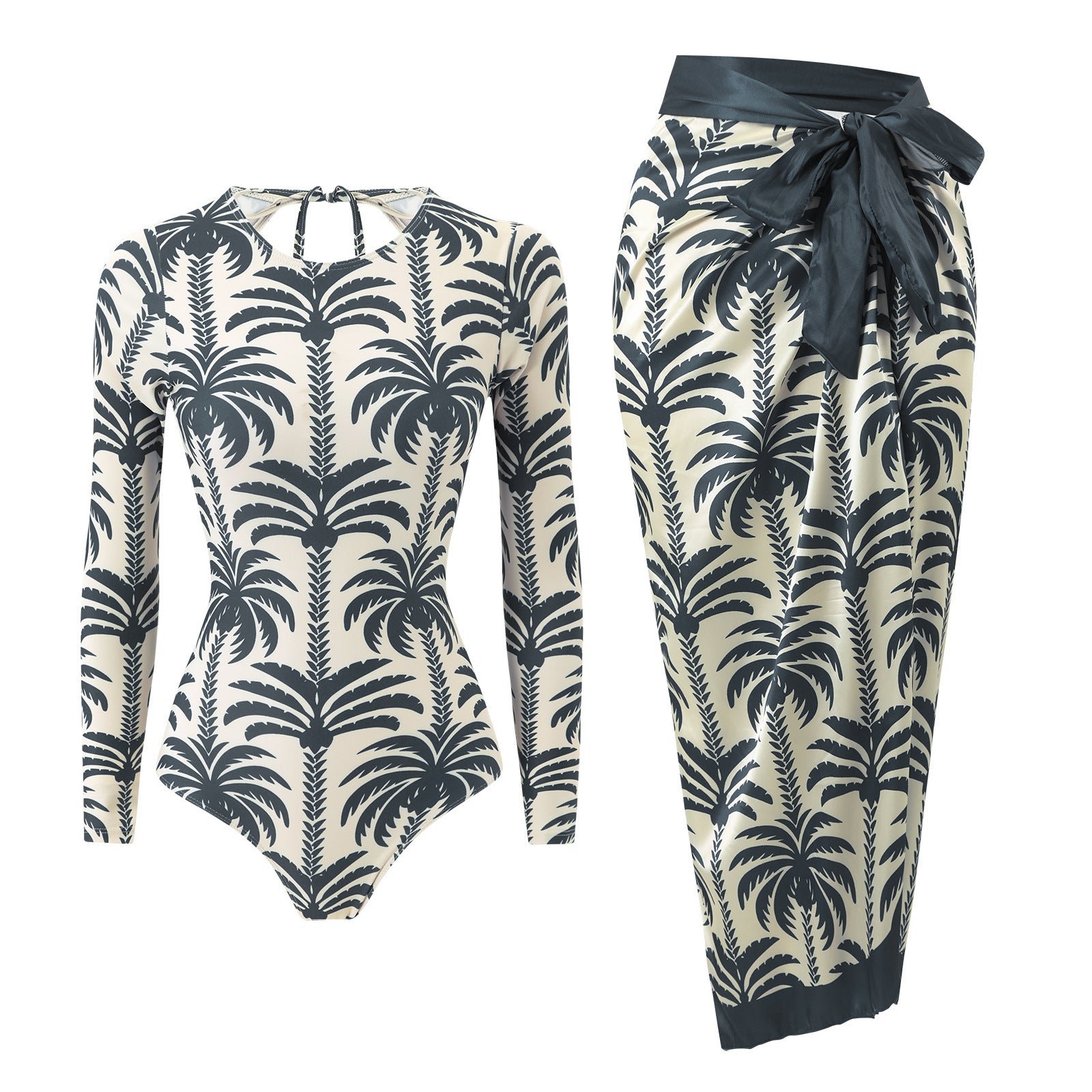 Black and cream palm-print long-sleeve one-piece swimsuit with waist tie