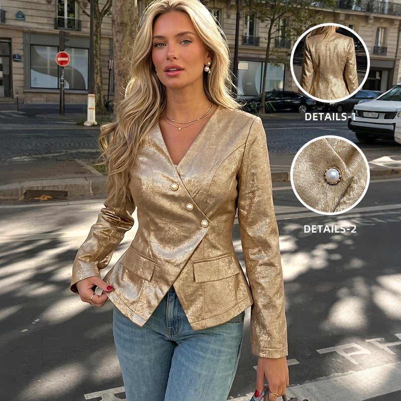 Retro Elegance Gold V neck Slim Fit Long Sleeve Blazer