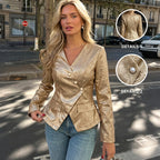 Retro Elegance Gold V neck Slim Fit Long Sleeve Blazer