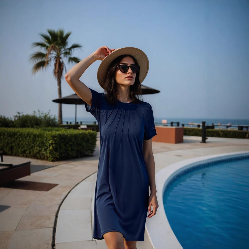 Summer Solid Color Hollow Out Cutout Ruffled Short Sleeves Round Neck