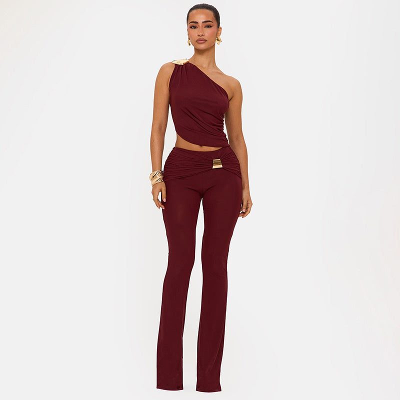 Women Clothing Summer Solid Color Metallic One Shoulder Pleated Top Bootcut Pants Two Piece Set