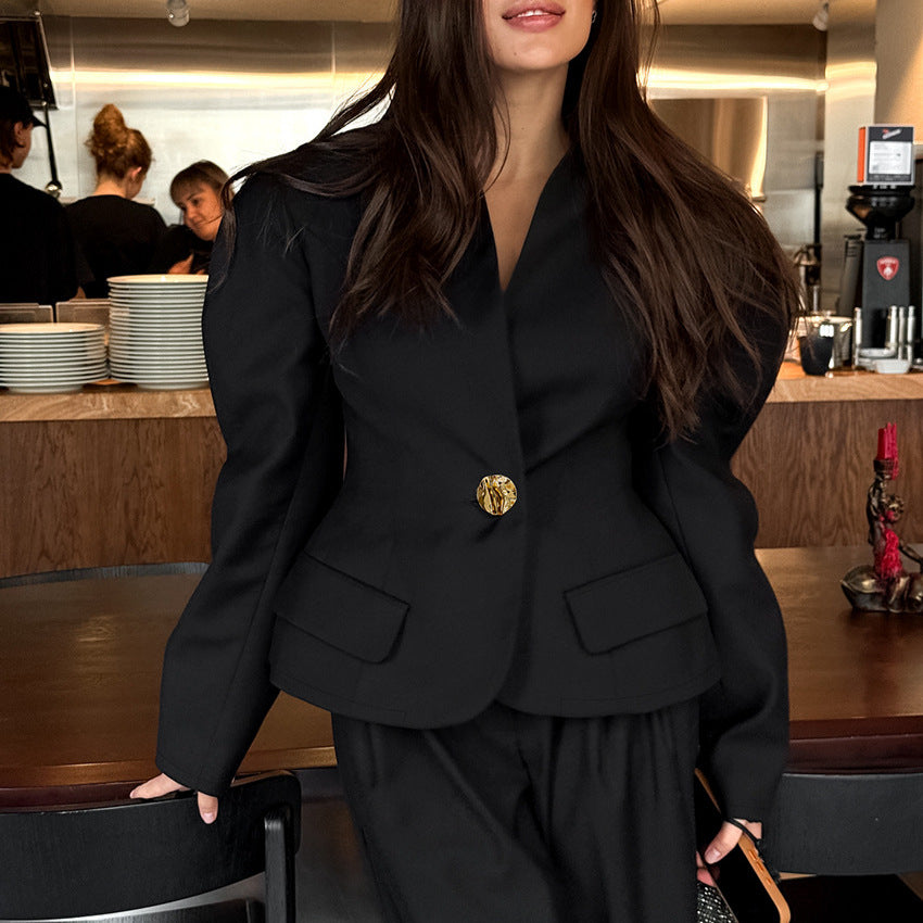 Casual Retro Long-Sleeve One Button Black Top Work Pant Two-Piece Set