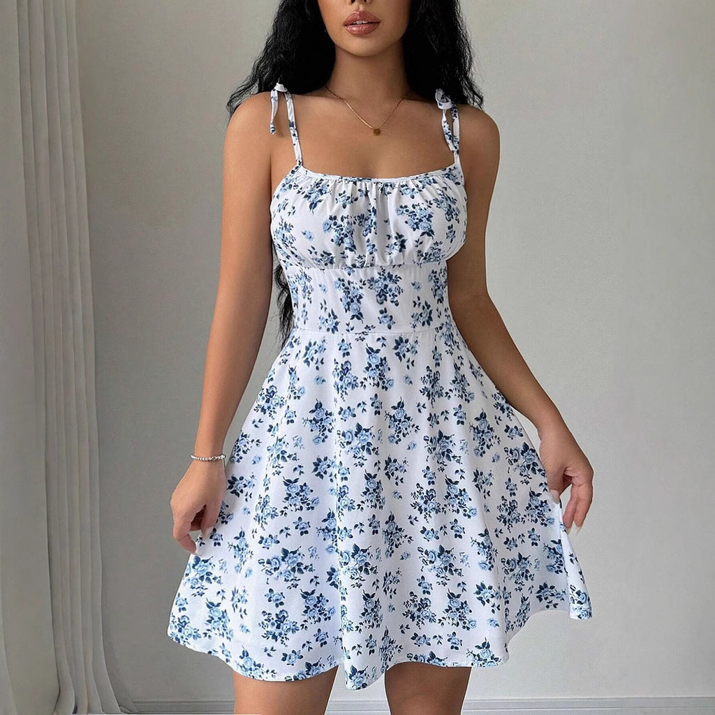 Women's Floral Strap Dress Waist Square Collar Mini Dress