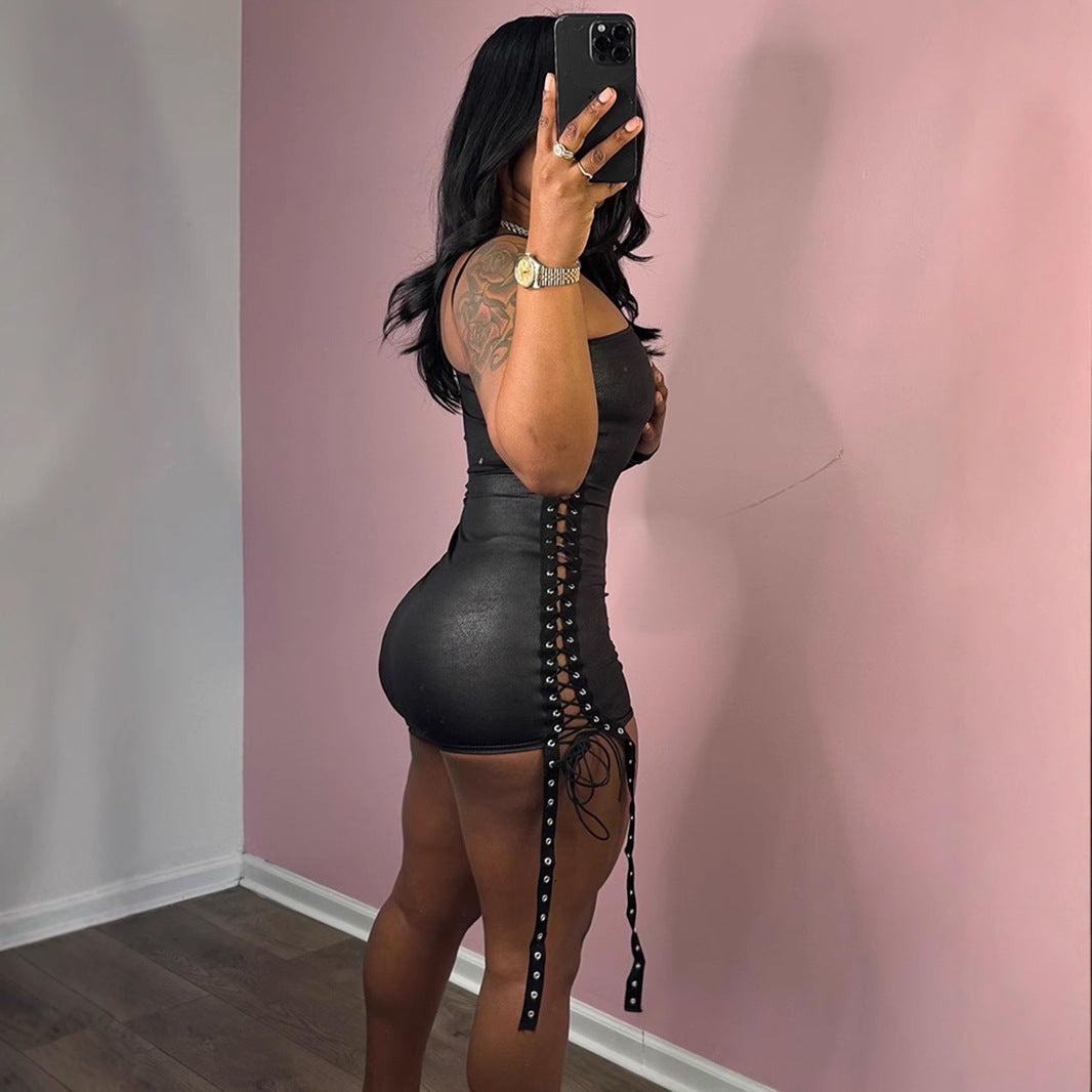 Women's Faux-Leather Asymmetric Lace-Up Long-Sleeve Bodycon Mini Dress