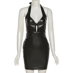 Summer Halter Hollow-out Backless Low-Cut Slim Fit Faux Leather Dress for