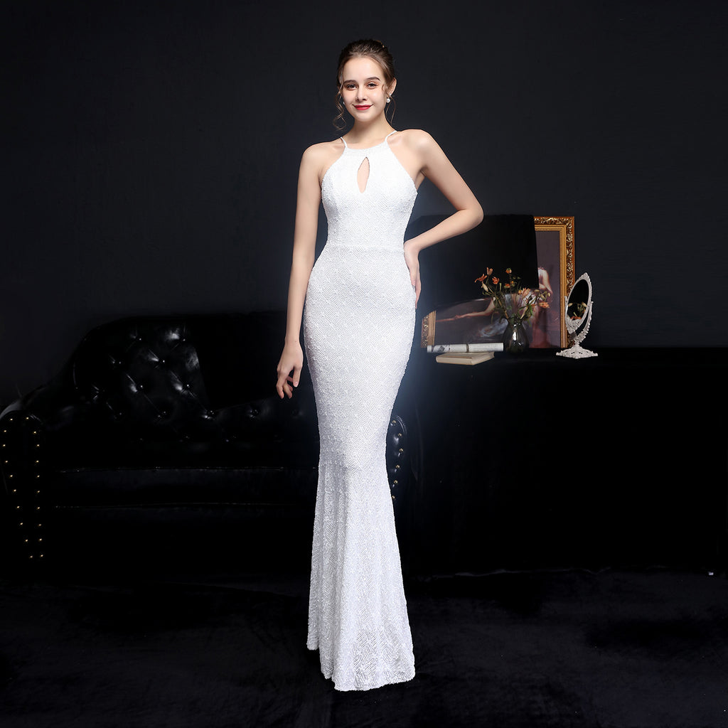 Women's Cocktail Long Halter Set Diamond Sequin Aura Queen Fishtail Dress