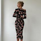 Women's Autumn Winter Slim Fit Oblique Shoulder Pleated Print Long Sleeve Midi Dress