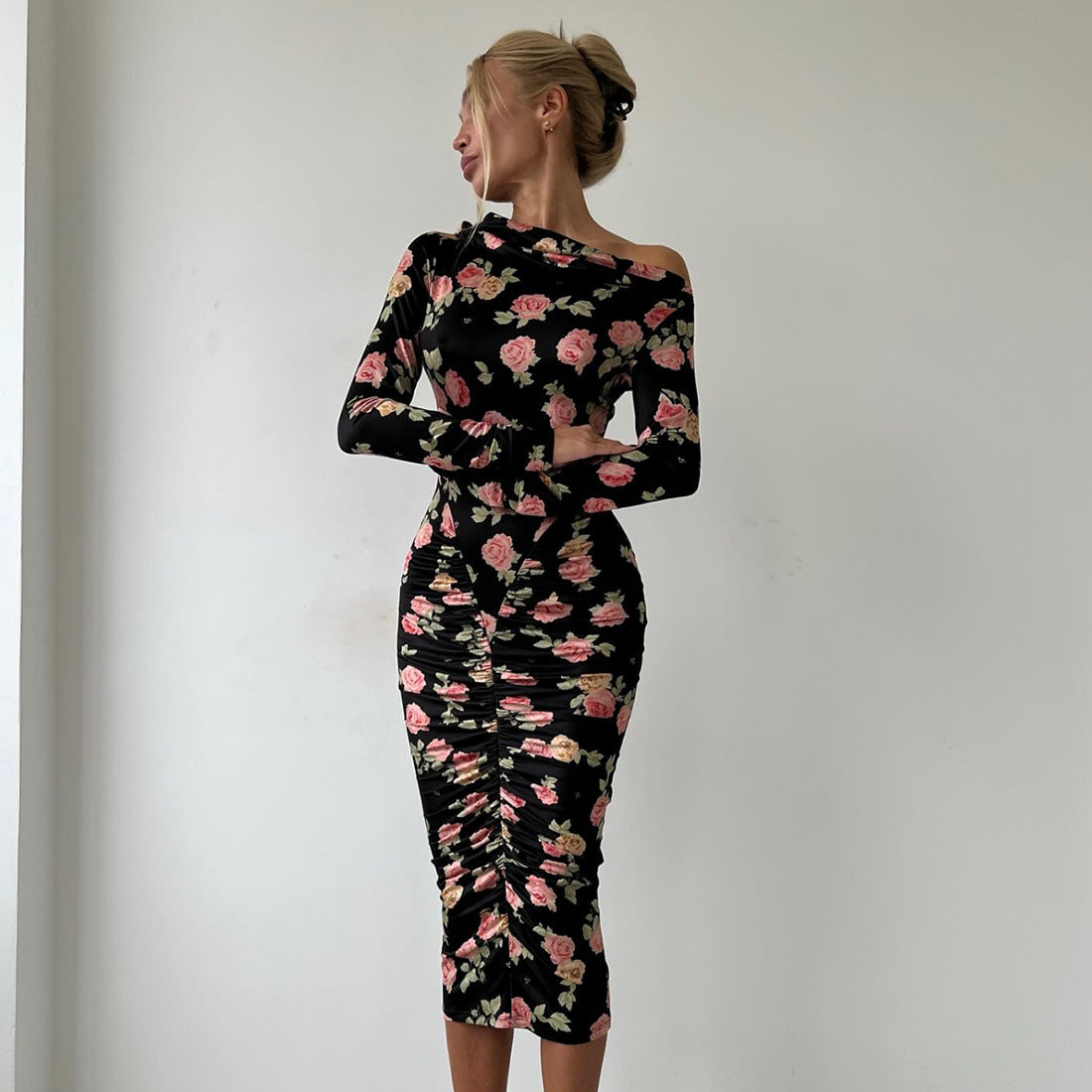 Women's Autumn Winter Slim Fit Oblique Shoulder Pleated Print Long Sleeve Midi Dress