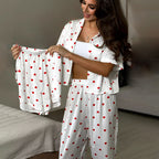 Summer Heart Printing Three Piece Ice Silk Cool Short Sleeved Shorts Trousers Ladies Homewear Breathable
