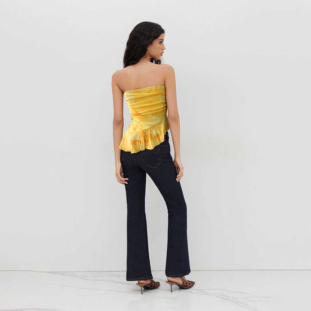 Women's Women’s Yellow Tie Dye Strapless Ruffle Top