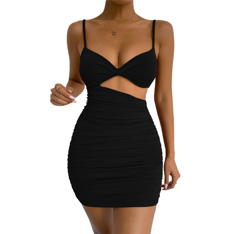 Irregular Asymmetric Suspender Hollow Out Cutout Ruffle Dress