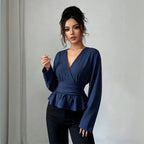 Women's V-Neck Ruched Long Sleeve Top