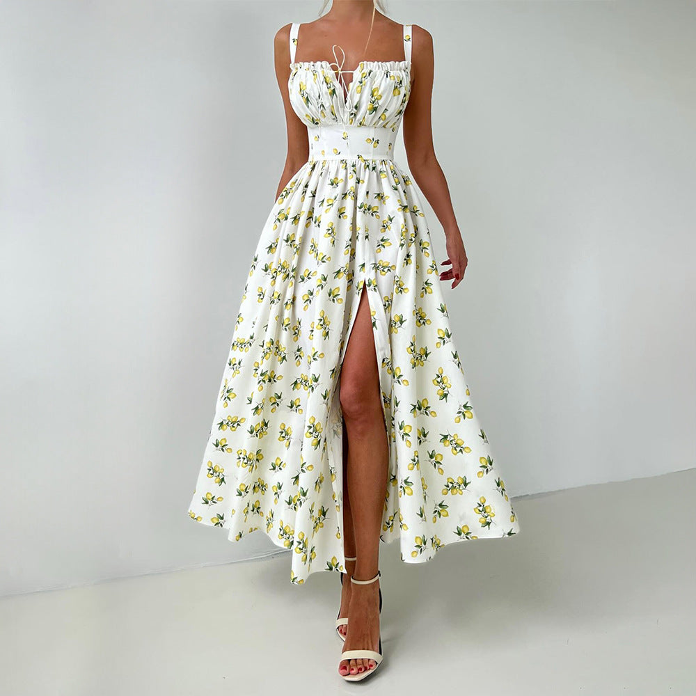 Cotton Suspender Summer Split Waist Fitted Self Tie Printing Dress
