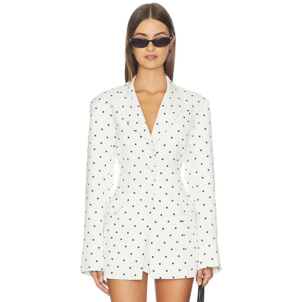 Women Clothing Coat Suit Elegant White Polka Dot Collared Waist Tight Slimming Suit