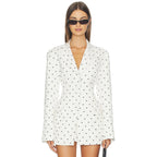Women Clothing Coat Suit Elegant White Polka Dot Collared Waist Tight Slimming Suit