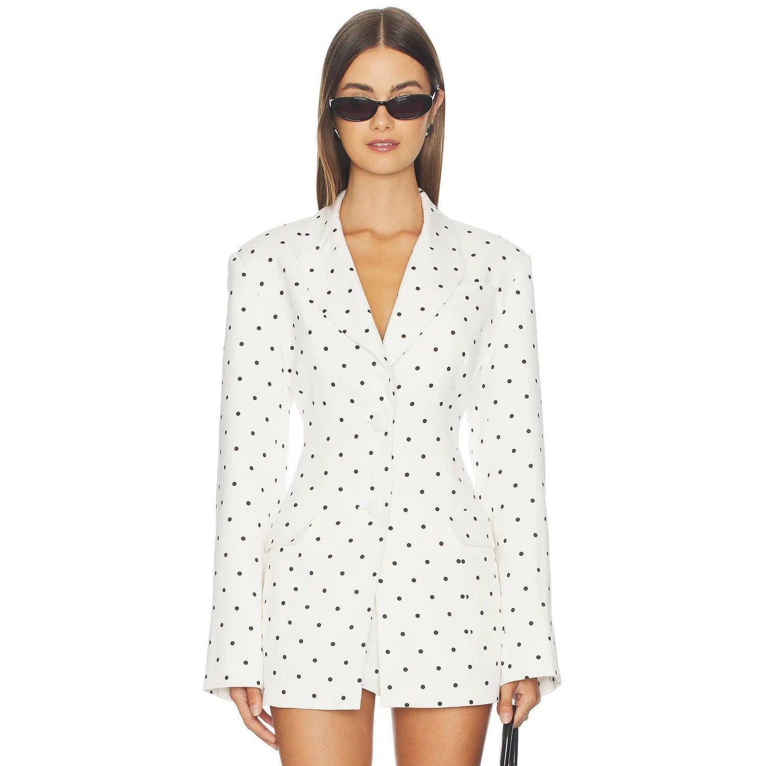 Women Clothing Coat Suit Elegant White Polka Dot Collared Waist Tight Slimming Suit