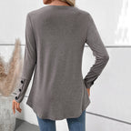 Autumn Casual Top Mid Length V neck Solid Color Long Sleeve T shirt for Women