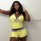 Women Clothing Lace up Polka Dots Blouse Pants Sports V