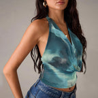Women's Summer Women Clothing Swing Collar Tie Dye Printed Vest Slim Fit Crop Top