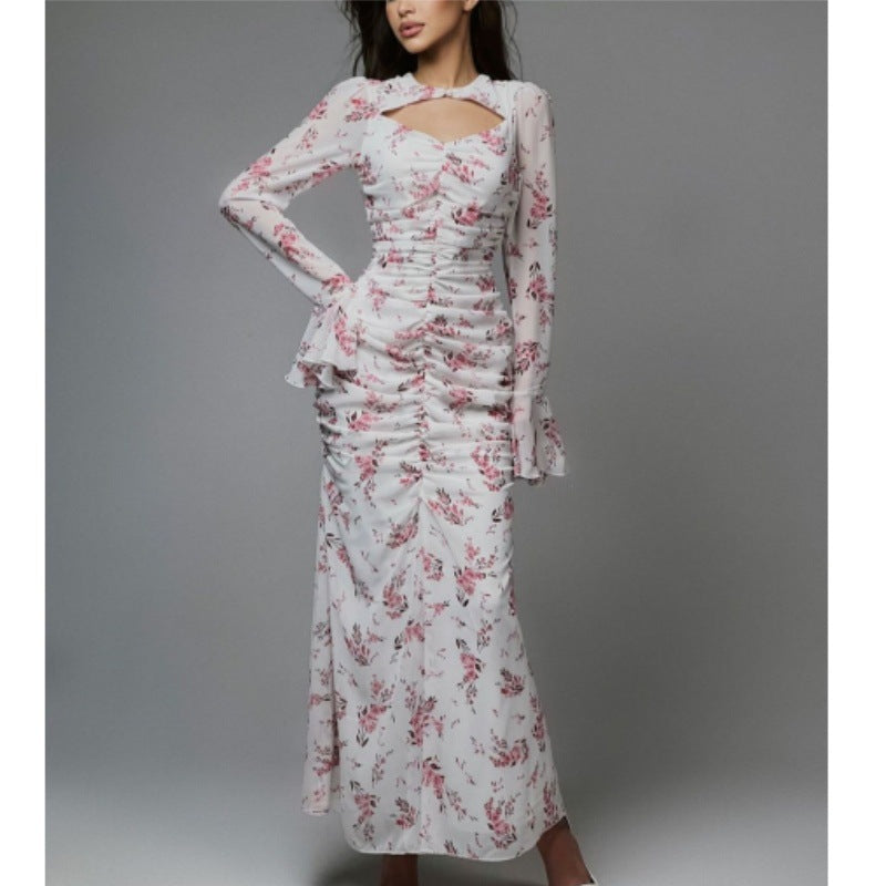 Women's Pleated Printed Chiffon Maxi Dress