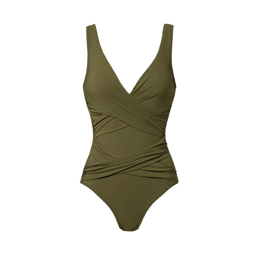 Olive green V-neck ruched one-piece swimsuit