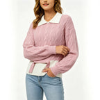 Women's Contrast-Trim Collared Twist-Detail Sweater