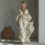 Women's lace dress in cream white, V-neck, draped bell sleeves, ruffled hem