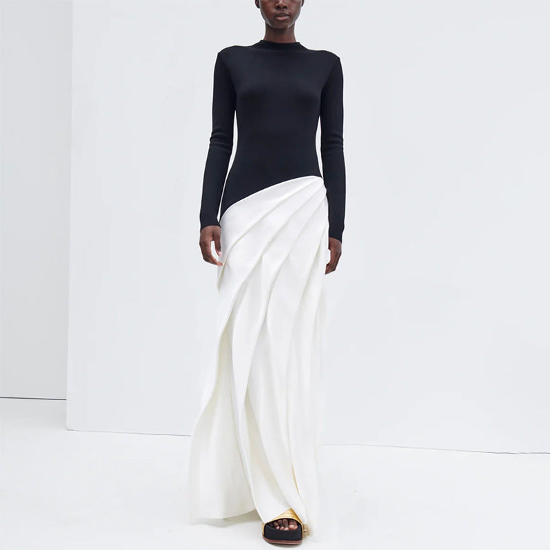 Women’s Asymmetric Pleated Color-Block Maxi Dress