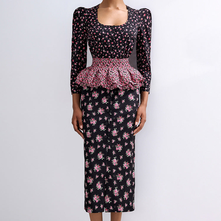 Women's Square-Neck Floral Ruffle Dress