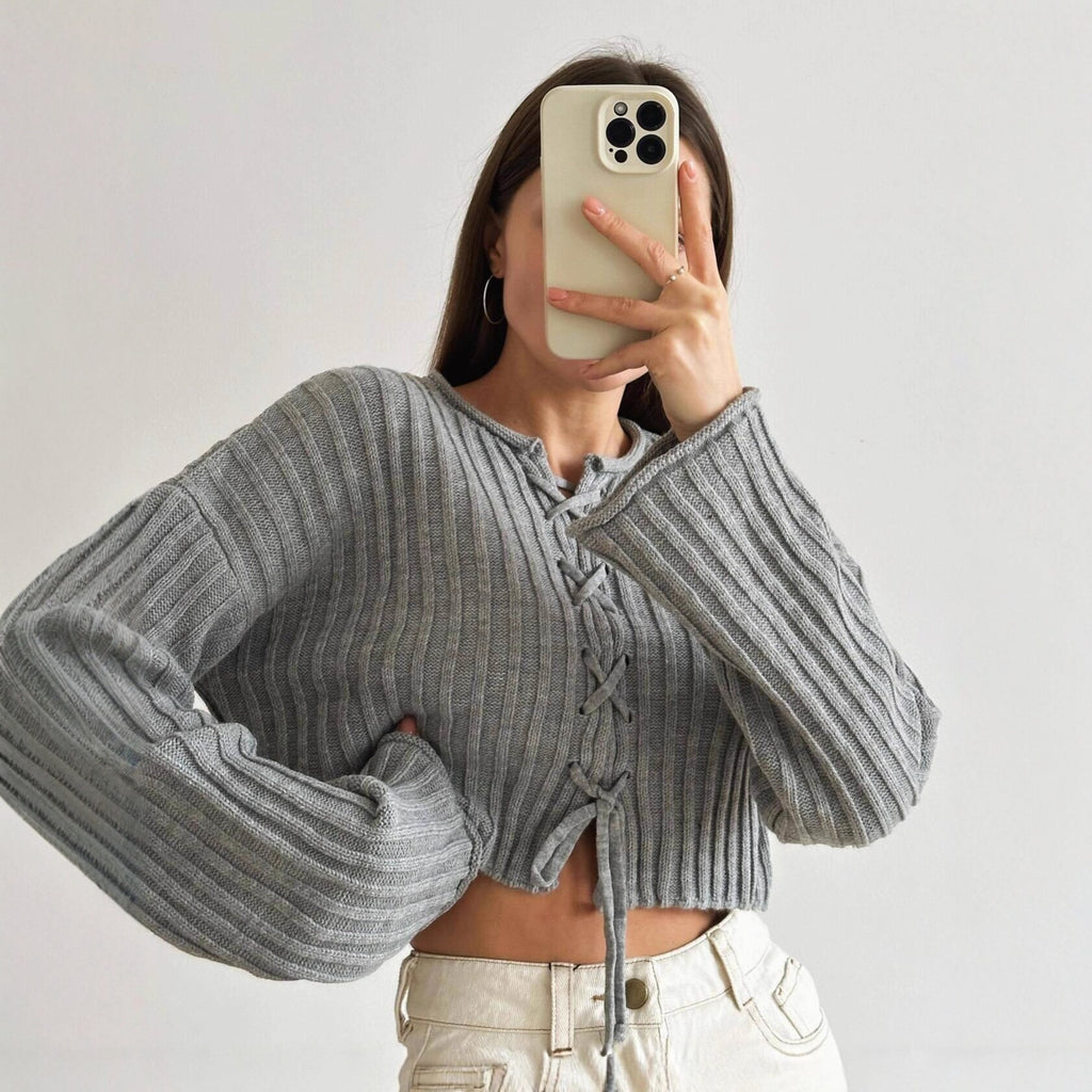 Women's Lace-Up Ribbed Knit Sweater