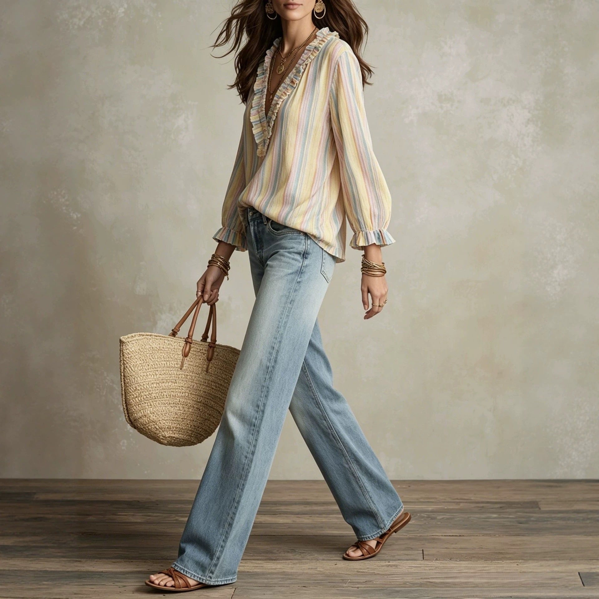 Women's Striped Ruffle V-Neck Blouse