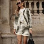 Women's Striped Round Neck Knitted Cardigan Casual Sweater