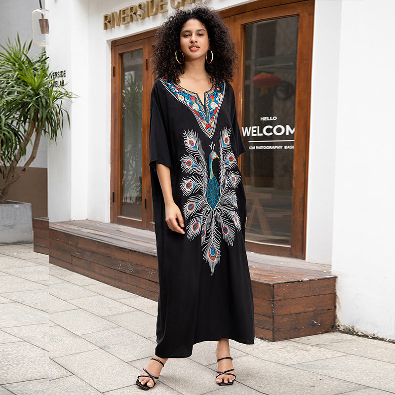Women's Rayon Seaside Vacation Dress Loose Beach Maxi Dress Bikini Cover Up Swimsuit Blouse Women