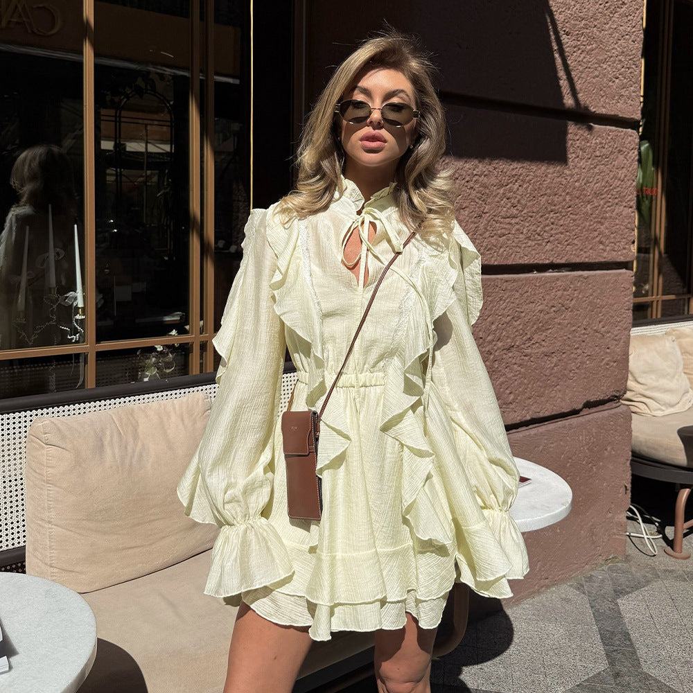 Women's Ruffled Tie-Neck Long-Sleeve A-Line Mini Dress