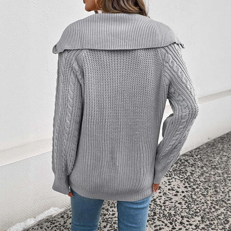Simple Korean Collared Twist Zipper Sweater for Women