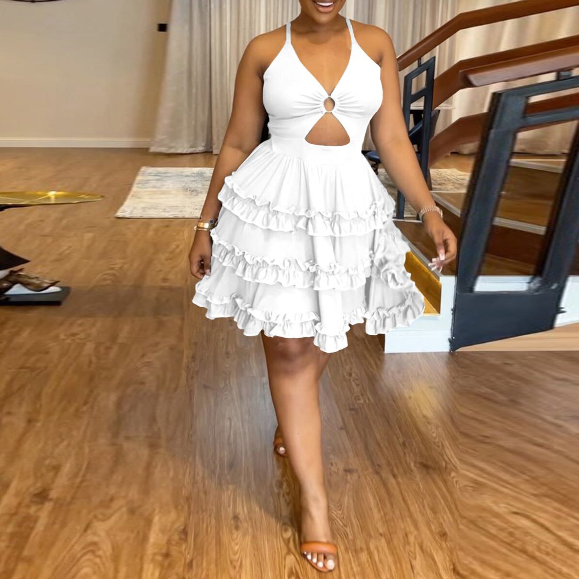 Ruffle Cutout V-Neck Tiered A-Line Dress