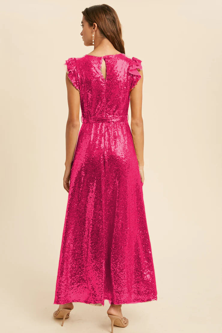 Women's Sequin Dress Sleeveless Belt Round Neck Midi Party Cocktail